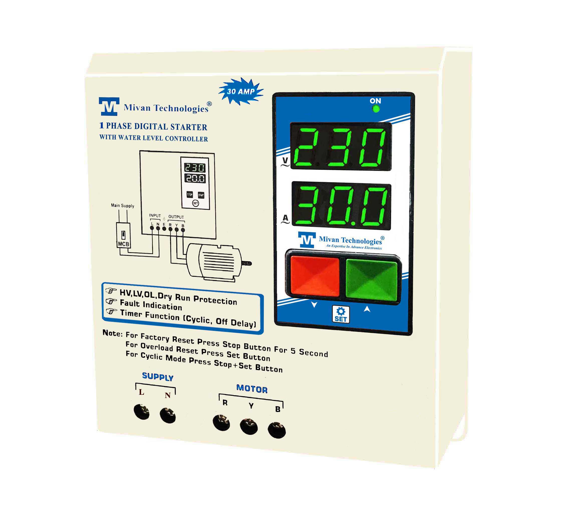 Single phase Digital motor starter panel with volt and amp meter with HV LV OL DRY protection DS R